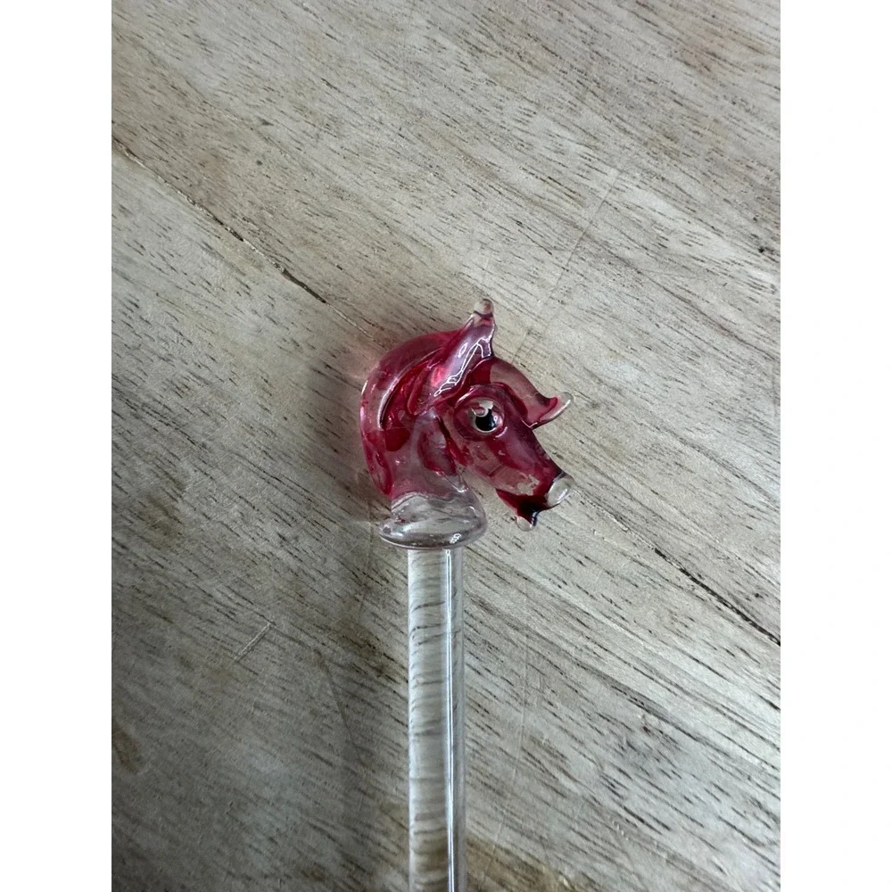 Vintage Glass Horse Head Cocktail Stirrer Pink Cranberry Equestrian Barware 6.5